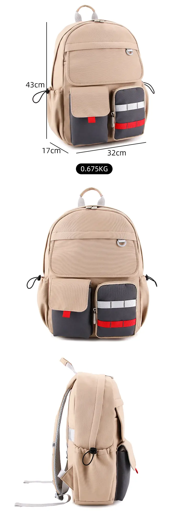 BEARKY SC05 lightweight canvas backpack with dimension labels of 32 x 43 x 17 cm